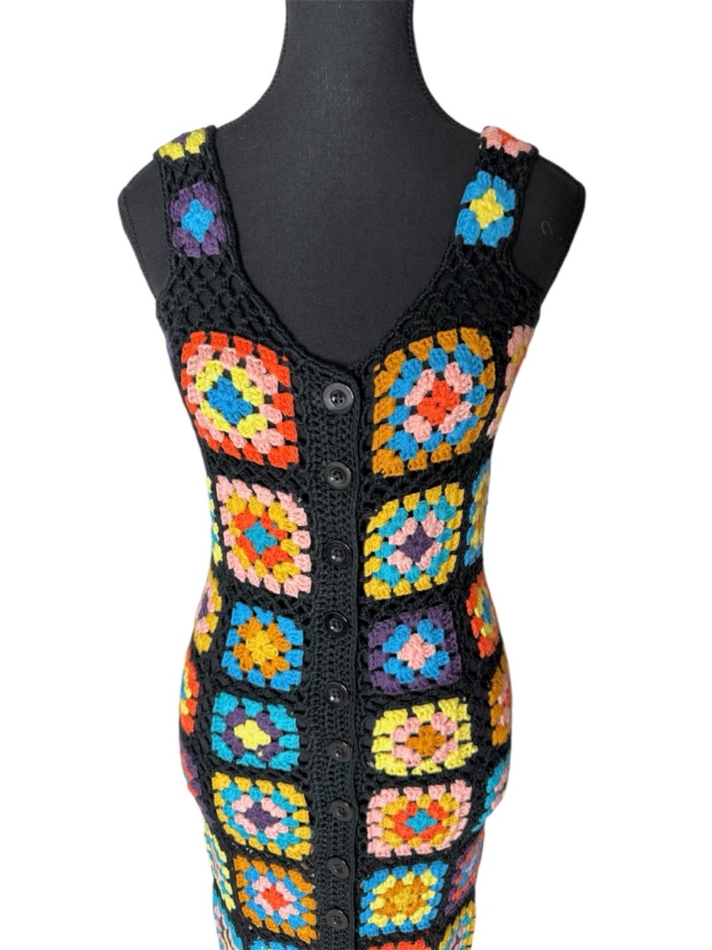 Crochet Knit Granny Square Button Down Maxi Dress Black Sleeveless Boho Medium - Picture 2 of 12